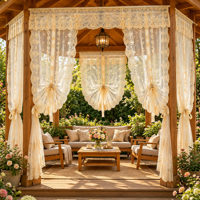 WPKIRA 2PCS Sheer Lace Coffee Curtains - Adjustable Drape for Outdoor