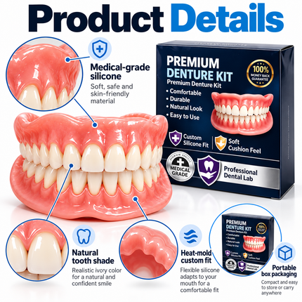 JJ3848 Premium Temporary Denture Kit - Comfort Custom Fit, Medical-Gra Snap-On Veneers premium-temporary-denture-kit-medical-grade-silicone-false-teeth-comfort-custom-fit-for-missing-teeth-restoration-jj3848 Health & Beauty > Oral Care > Dentures & Dental Appliances