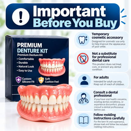 JJ3848 Premium Temporary Denture Kit - Comfort Custom Fit, Medical-Gra Snap-On Veneers premium-temporary-denture-kit-medical-grade-silicone-false-teeth-comfort-custom-fit-for-missing-teeth-restoration-jj3848 Health & Beauty > Oral Care > Dentures & Dental Appliances