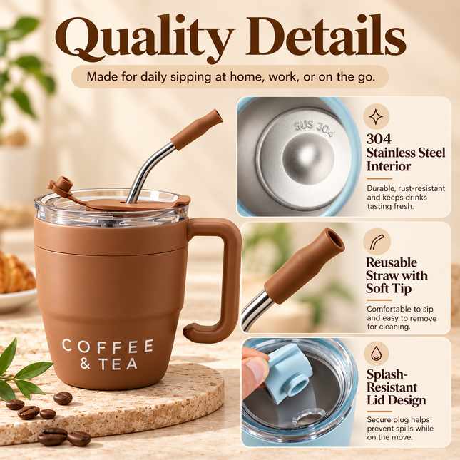 480ml Insulated Stainless Steel Coffee Mug with Straw Lid