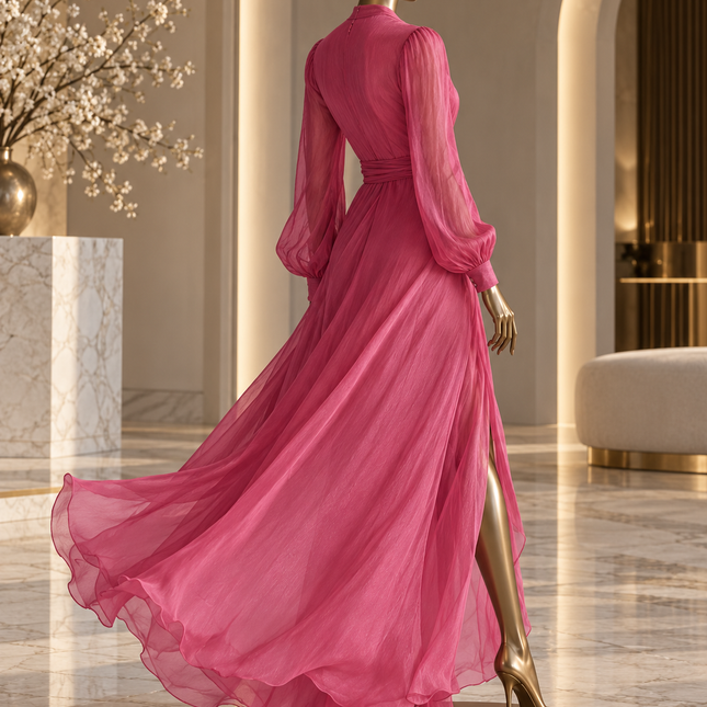 Deep V Neck Long Sleeve Maxi Dress with Wrap Tie Waist and High Slit