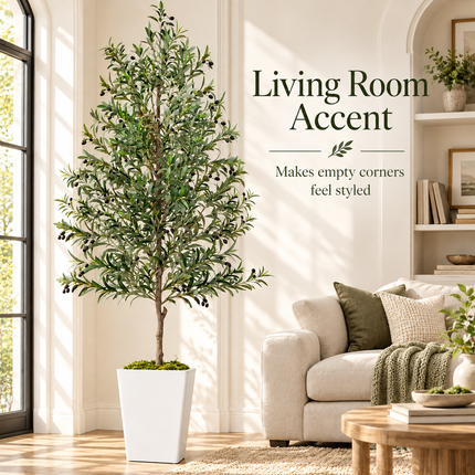 8 ft Artificial Olive Tree with White Pot and Faux Moss