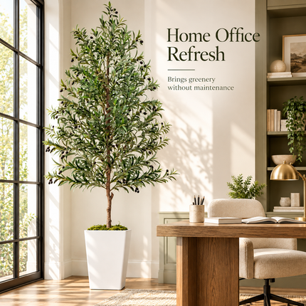 8 ft Artificial Olive Tree with White Pot and Faux Moss