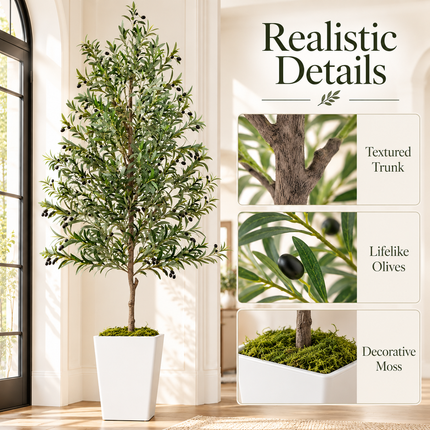 8 ft Artificial Olive Tree with White Pot and Faux Moss