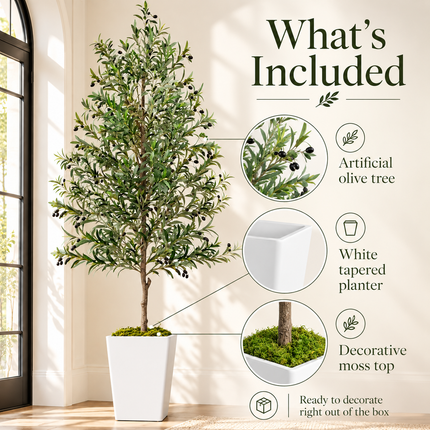 8 ft Artificial Olive Tree with White Pot and Faux Moss