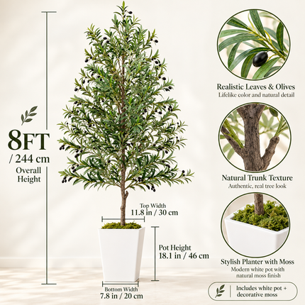 8 ft Artificial Olive Tree with White Pot and Faux Moss