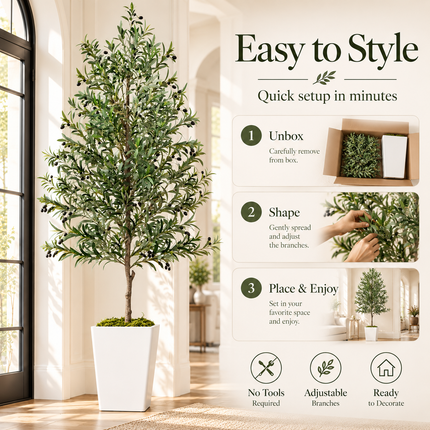 8 ft Artificial Olive Tree with White Pot and Faux Moss