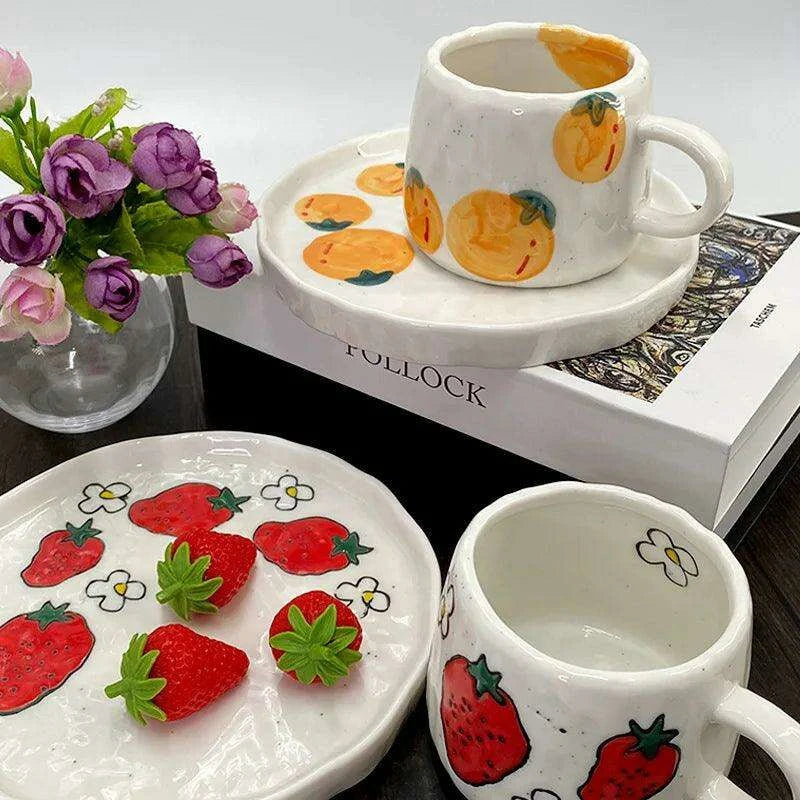 Cheerful Fruit-Themed 300ml Ceramic Mug & Plate Set – Ideal Gift for Children and Breakfast Enthusiasts - Très Elite