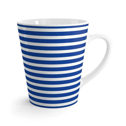 Chic 12 oz White and Blue Striped Ceramic Latte Mug - Très Elite