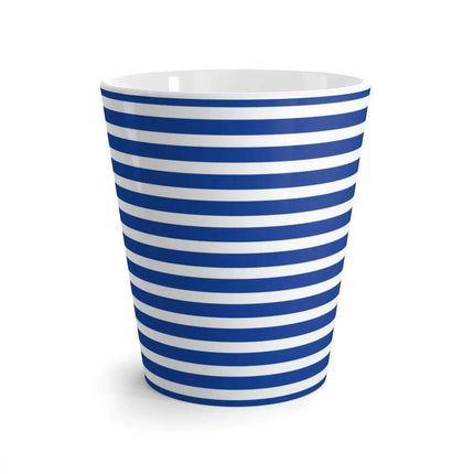 Chic 12 oz White and Blue Striped Ceramic Latte Mug - Très Elite