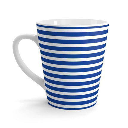Chic 12 oz White and Blue Striped Ceramic Latte Mug - Très Elite