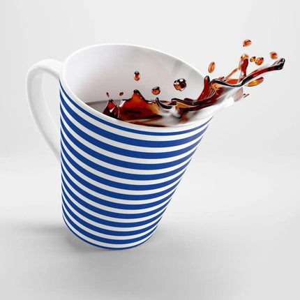 Chic 12 oz White and Blue Striped Ceramic Latte Mug - Très Elite