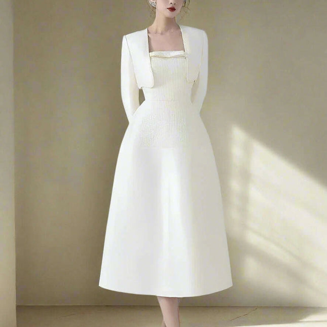 Chic 2-Piece Elegant Dress Set with Bowknot High Waist and Short Coat for Summer 2024