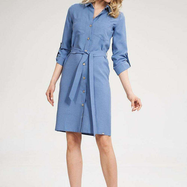 Chic 3/4 Sleeve Button-Down Shirt Dress with Functional Pockets - Très Elite