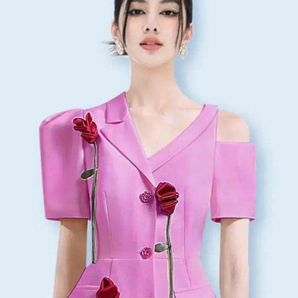 Chic 3D Floral Notched Sleeve Dress for Women - Irregular Hem Single Breasted Office Wear - Très Elite