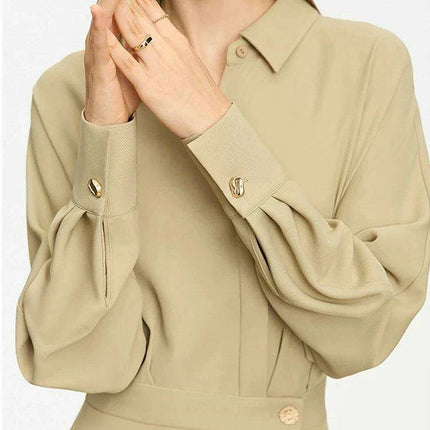 Chic A-Line Long-Sleeve Midi Dress for Women - Essential Autumn Office Wear - Très Elite
