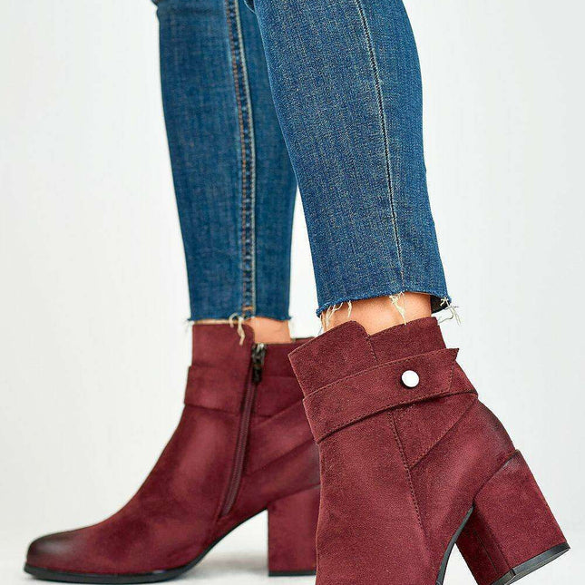 Chic Almond Toe Eco-Suede Heeled Boots with Decorative Strap