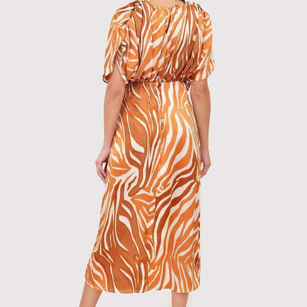 Chic Animal Print Midi Dress with Statement Sleeves and Adjustable Waistline