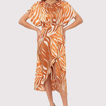 Chic Animal Print Midi Dress with Statement Sleeves and Adjustable Waistline