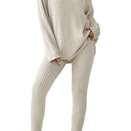 Chic Apricot Ribbed Knit Lounge Ensemble: Long Sleeve Top & Slim Fit Pants