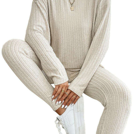Chic Apricot Ribbed Knit Lounge Ensemble: Long Sleeve Top & Slim Fit Pants