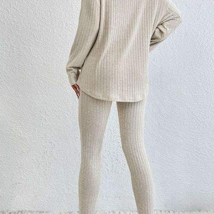 Chic Apricot Ribbed Knit Lounge Ensemble: Long Sleeve Top & Slim Fit Pants