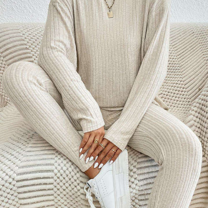 Chic Apricot Ribbed Knit Lounge Ensemble: Long Sleeve Top & Slim Fit Pants