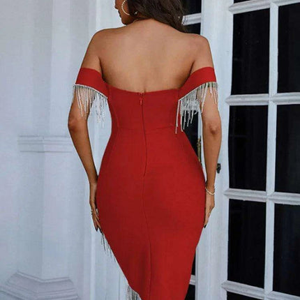 Chic Army Green Off Shoulder Mini Dress with Striking Red Accents - Summer 2023 Glam Collection