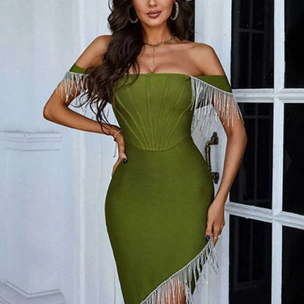 Chic Army Green Off Shoulder Mini Dress with Striking Red Accents - Summer 2023 Glam Collection