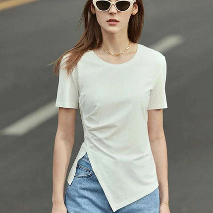Chic Asymmetric Short Sleeve Tee - Women's Minimalist Top for Spring/Summer