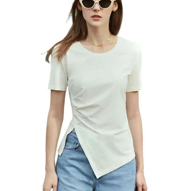 Chic Asymmetric Short Sleeve Tee - Women's Minimalist Top for Spring/Summer