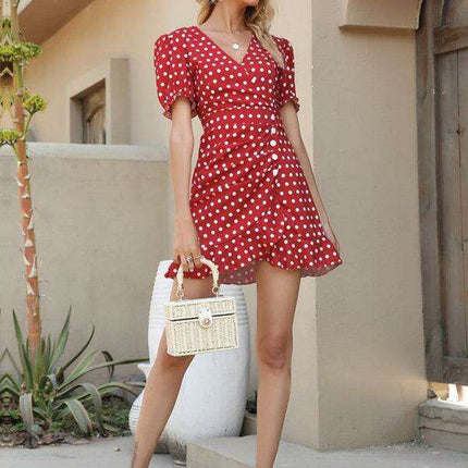 Chic Asymmetrical Burgundy V-Neck Dress with Floral Sleeves - Très Elite