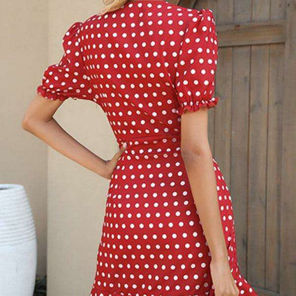 Chic Asymmetrical Burgundy V-Neck Dress with Floral Sleeves - Très Elite
