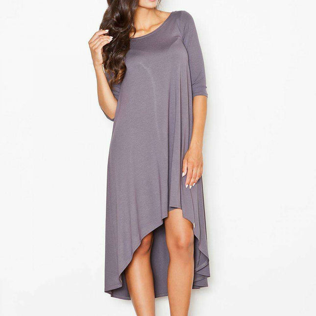 Chic Asymmetrical Hem Day Dress with Elegant Boat Neck