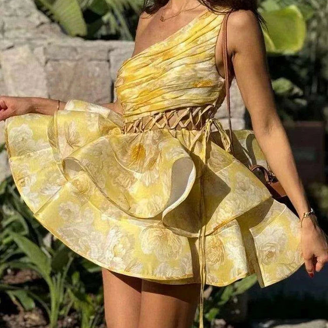 Chic Asymmetrical High-Waist Mini Dress with Statement Diagonal Collar for Fashion-Forward Women