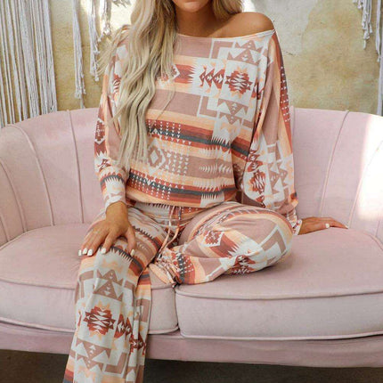 Chic Aztec-Inspired Lounge Set with Elegant Puff Sleeves & Adjustable Drawstring - Très Elite