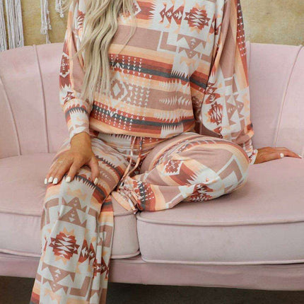 Chic Aztec-Inspired Lounge Set with Elegant Puff Sleeves & Adjustable Drawstring