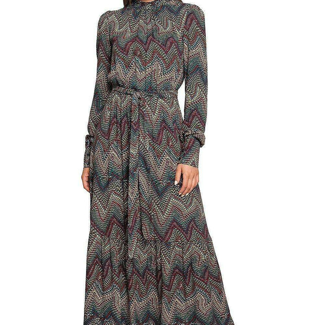 Chic Aztec Print Ruffle Maxi Dress with Stand-up Collar