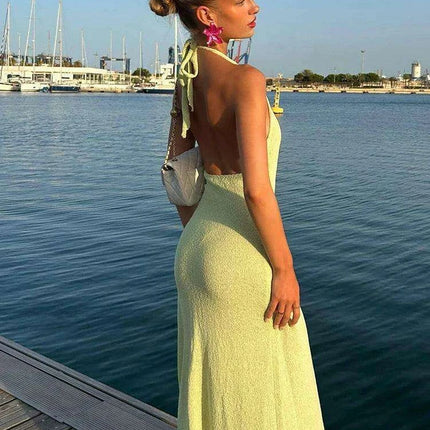 Chic Backless Halter Maxi Dress with Daring Deep V Neck and Alluring High Split - Très Elite