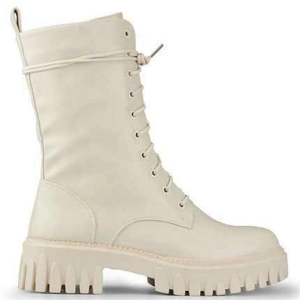 Chic Beige Ankle Boots with Pearl Chain Detail - Très Elite