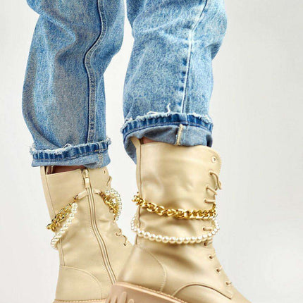 Chic Beige Ankle Boots with Pearl Chain Detail - Très Elite