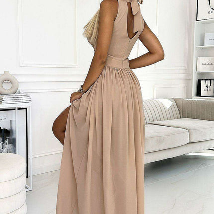 Chic Beige Brocade Maxi Gown with Alluring Side Slit by Numoco - Très Elite