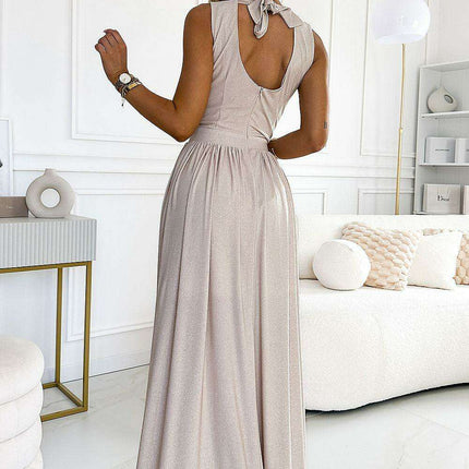 Chic Beige Brocade Maxi Gown with Alluring Side Slit by Numoco - Très Elite