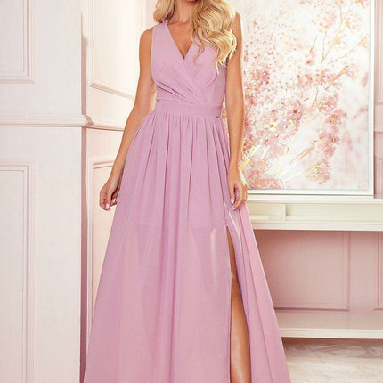 Chic Beige Brocade Maxi Gown with Alluring Side Slit by Numoco - Très Elite