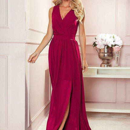 Chic Beige Brocade Maxi Gown with Alluring Side Slit by Numoco - Très Elite