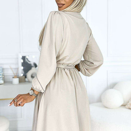 Chic Beige Cocktail Dress with Alluring Envelope Neckline by Numoco - Très Elite