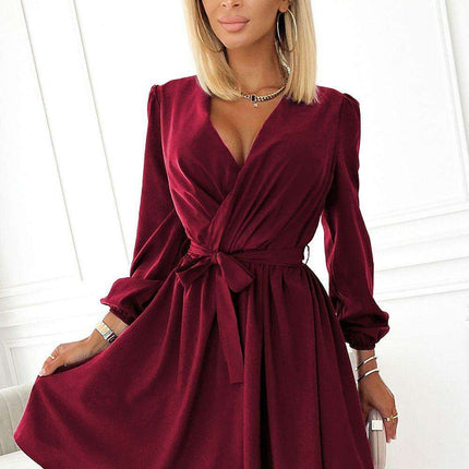 Chic Beige Cocktail Dress with Alluring Envelope Neckline by Numoco - Très Elite