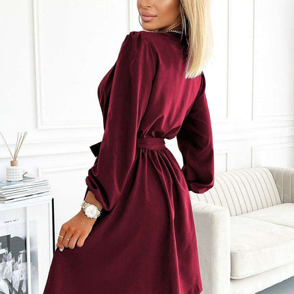 Chic Beige Cocktail Dress with Alluring Envelope Neckline by Numoco - Très Elite