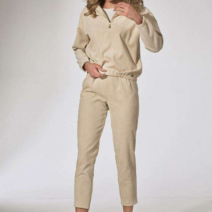 Chic Beige Corduroy Collared Sweatshirt with Trendy Zipper Detail - Très Elite