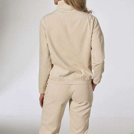 Chic Beige Corduroy Collared Sweatshirt with Trendy Zipper Detail - Très Elite